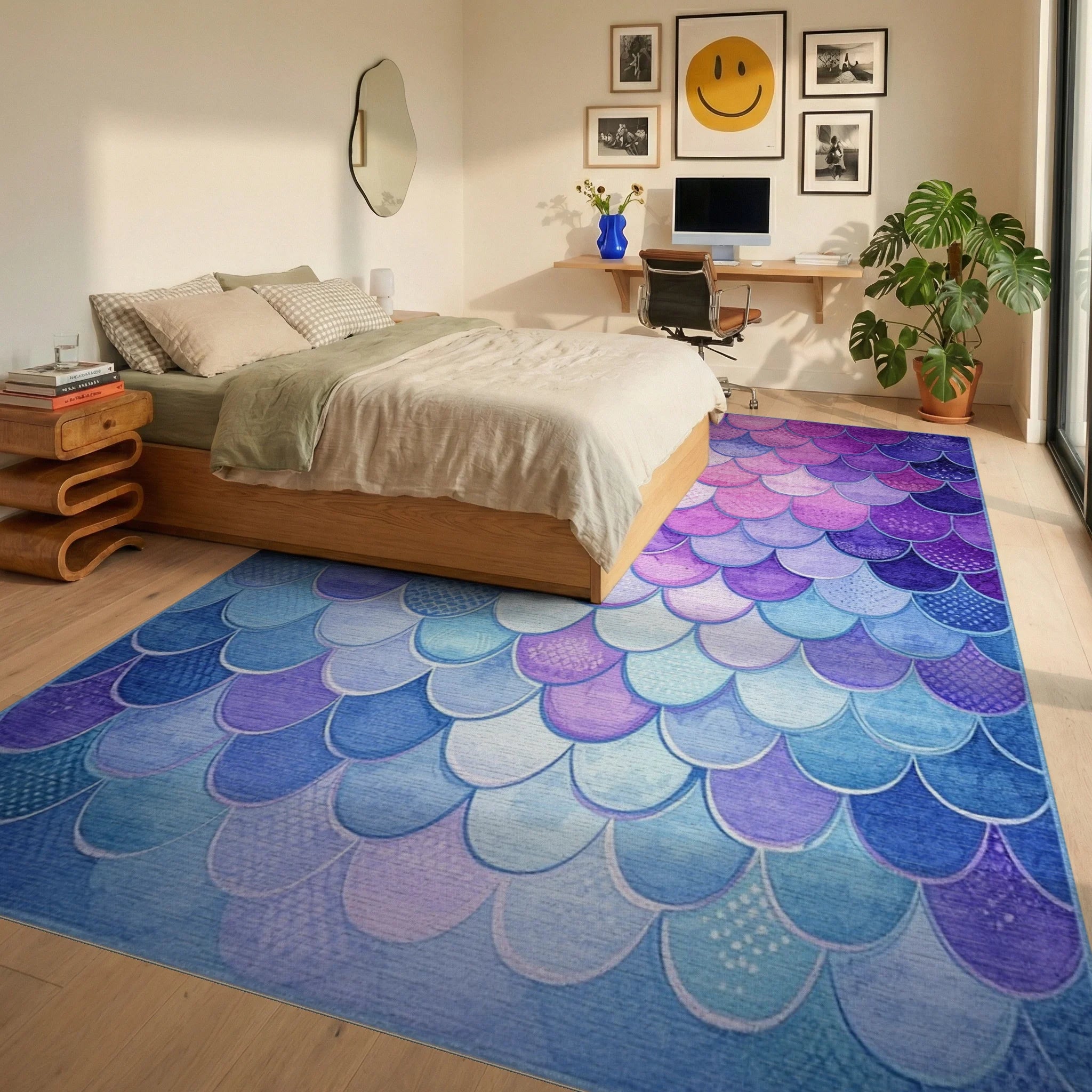 Ombre Mermaid Scale Watercolor Rug - Bedroom View