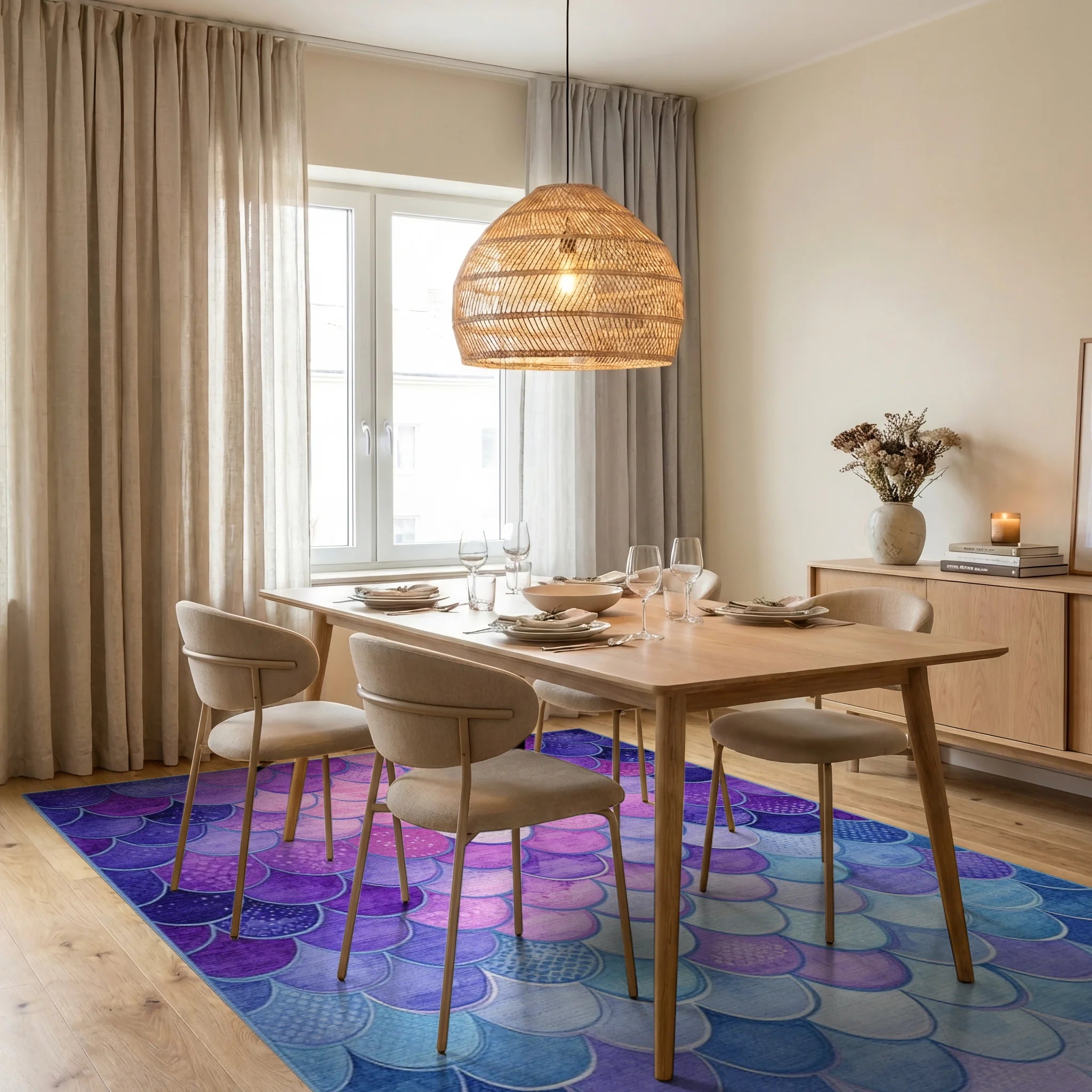 Ombre Mermaid Scale Watercolor Rug - Dining Room View