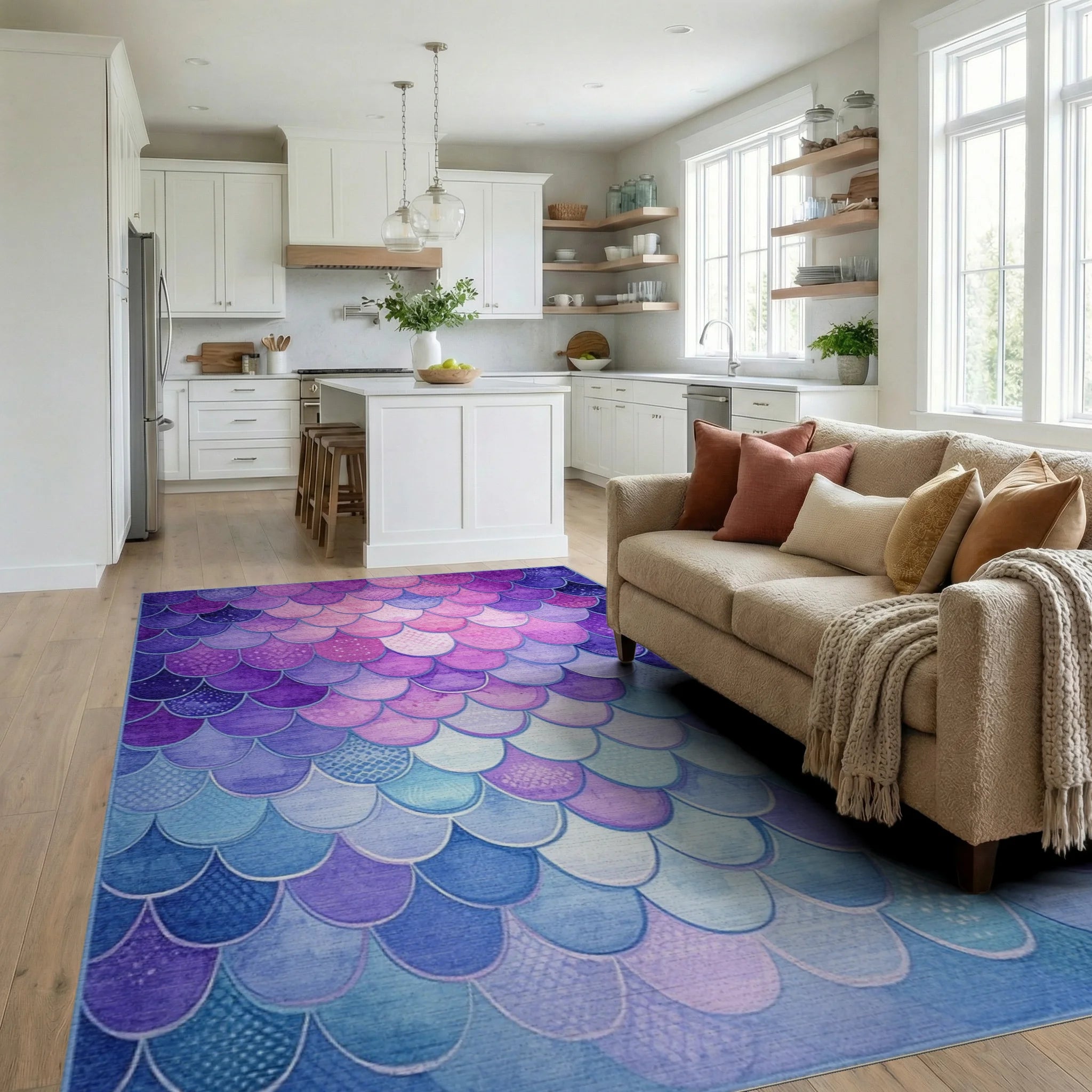 Ombre Mermaid Scale Watercolor Rug - Living Room View