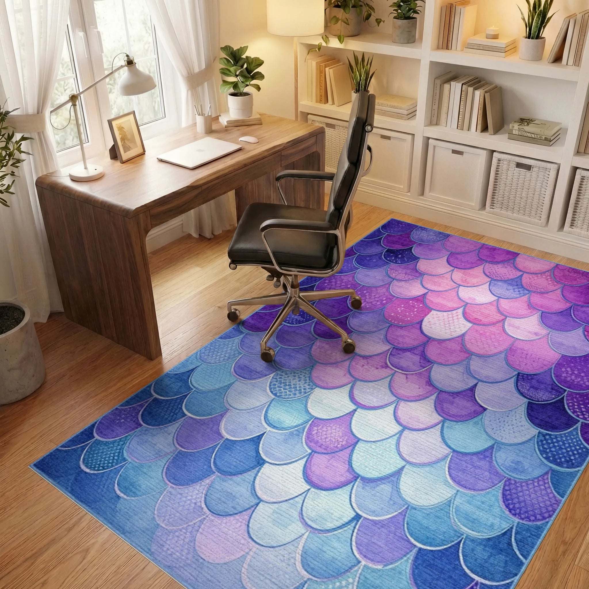 Ombre Mermaid Scale Watercolor Rug - Office View