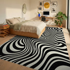 Optical Illusion Black Cream Swirl Rug Bedroom View