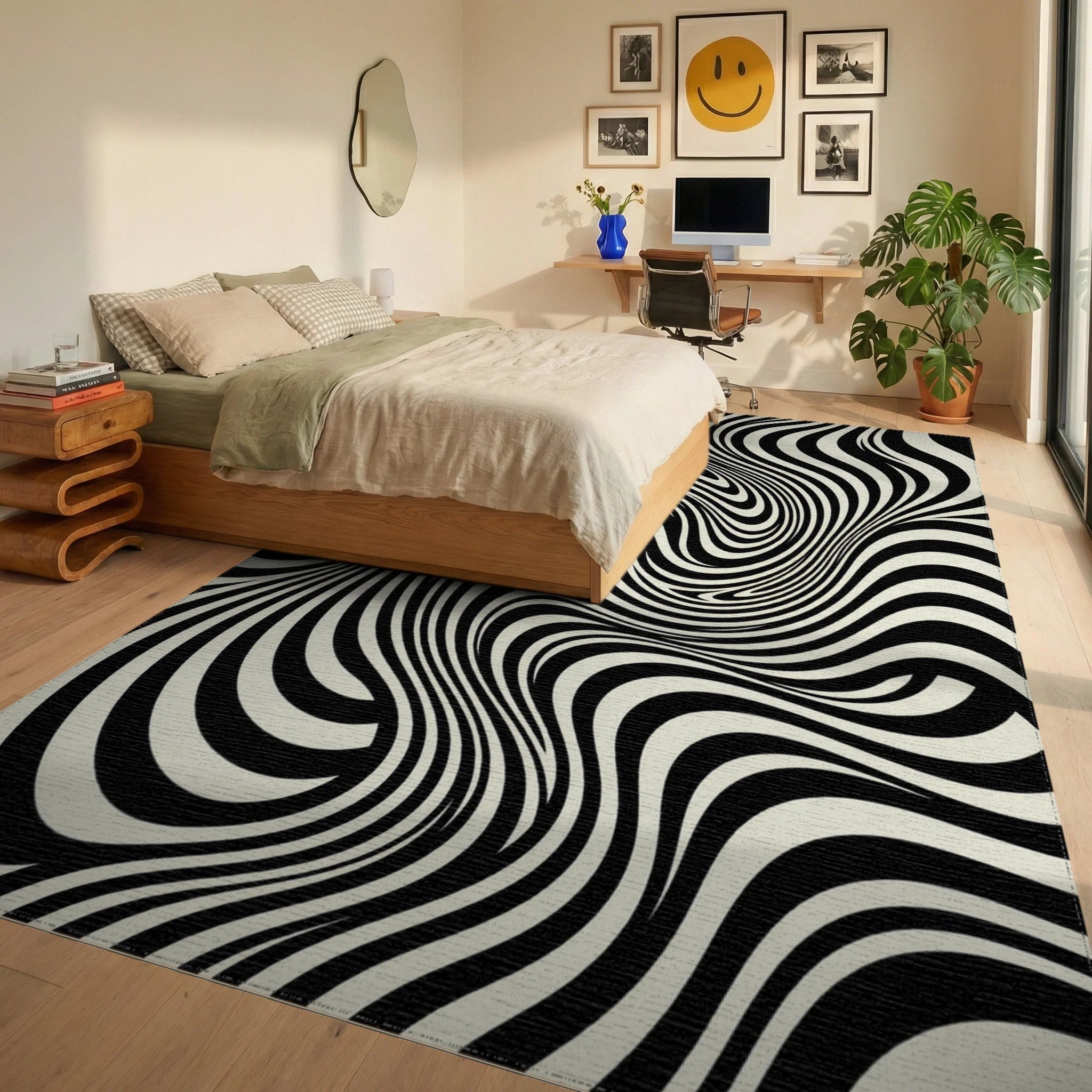 Optical Illusion Black Cream Swirl Rug Bedroom View