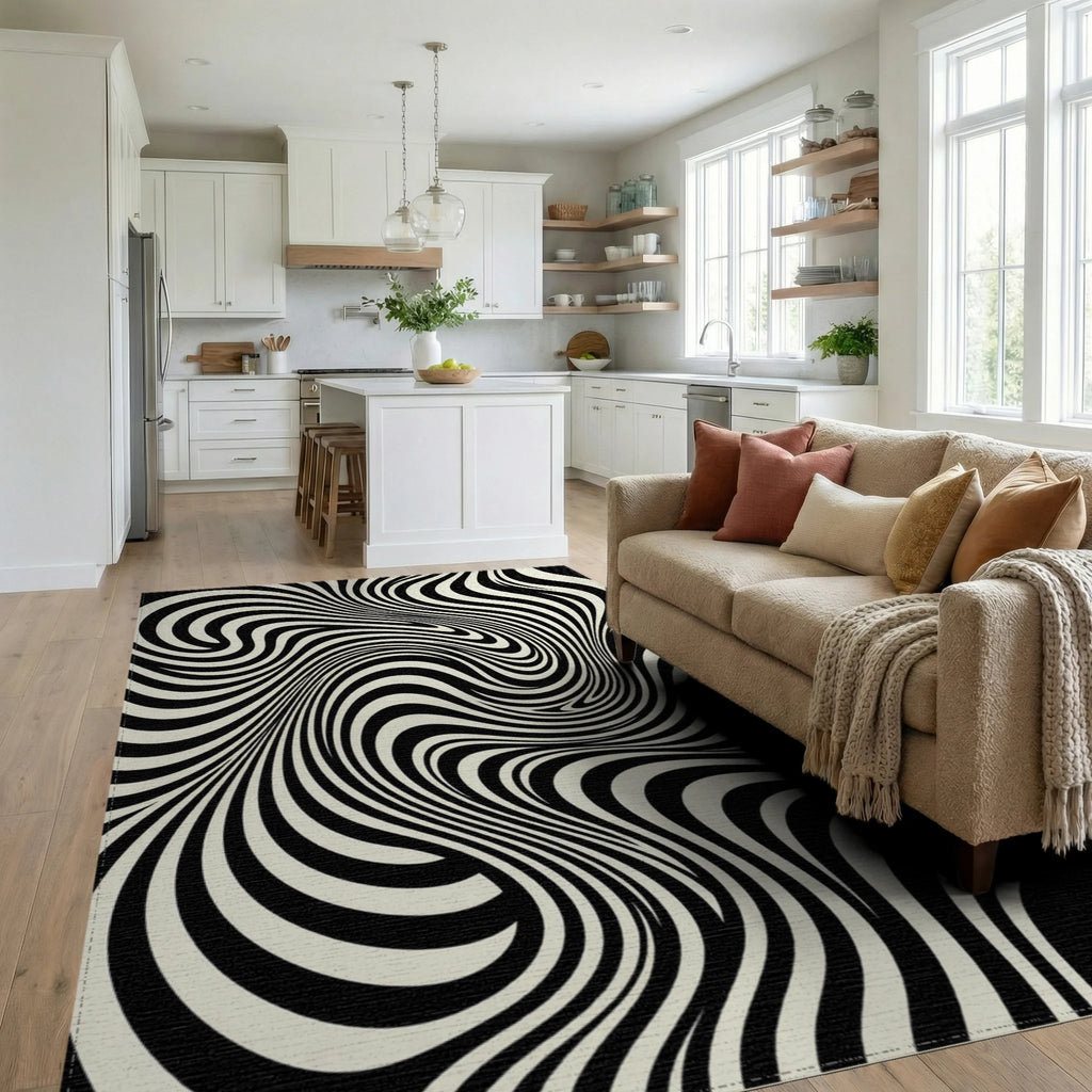 Optical Illusion Black Cream Swirl Rug Living Room View