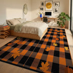 Orange Black Buffalo Plaid Pumpkin Leaves Rug - Bedroom View
