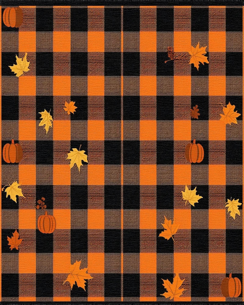 Orange Black Buffalo Plaid Pumpkin Leaves Rug - Cutout View