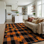 Orange Black Buffalo Plaid Pumpkin Leaves Rug - Living Room View