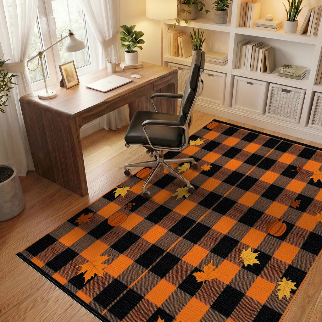 Orange Black Buffalo Plaid Pumpkin Leaves Rug - Office View