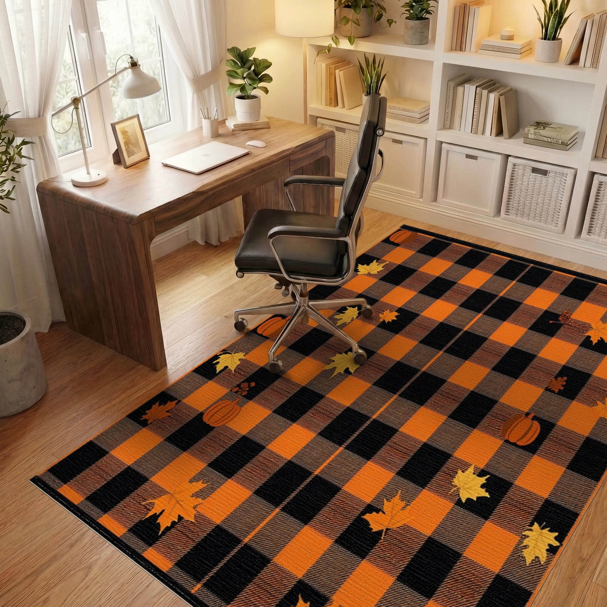 Orange Black Buffalo Plaid Pumpkin Leaves Rug - Office View