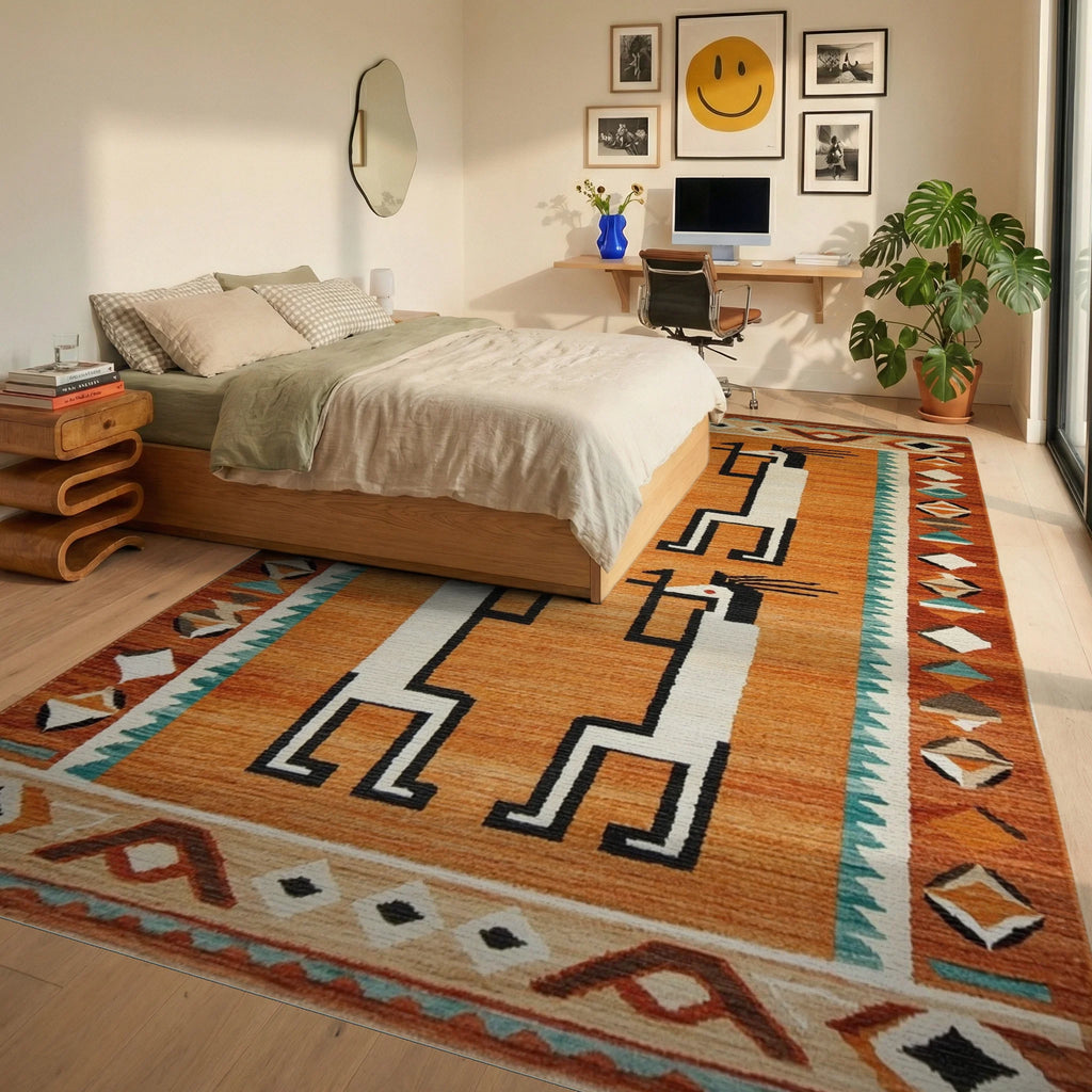 Orange Figures Southwestern Border Rug - Bedroom View