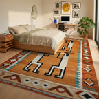 Orange Figures Southwestern Border Rug - Bedroom View