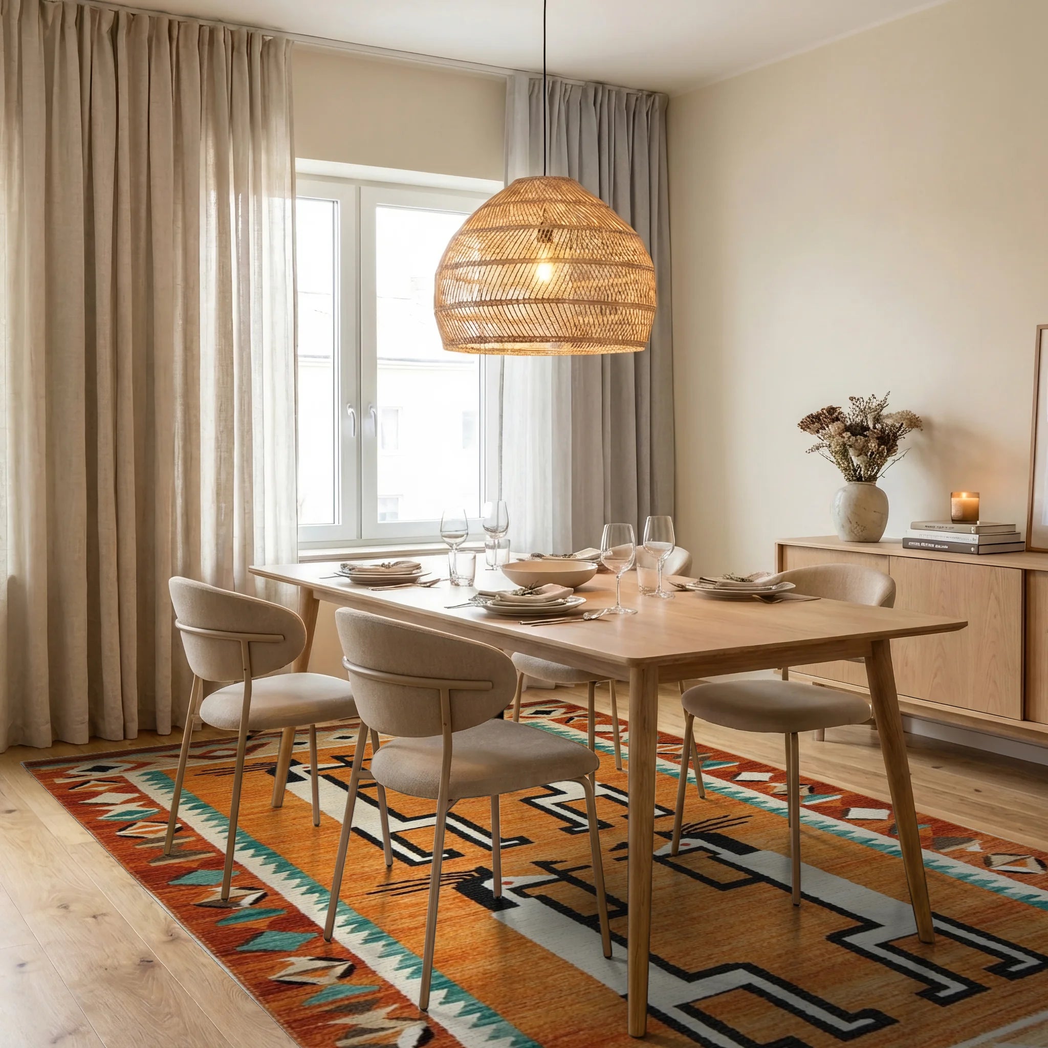 Orange Figures Southwestern Border Rug - Dining Room View
