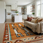 Orange Figures Southwestern Border Rug - Living Room View