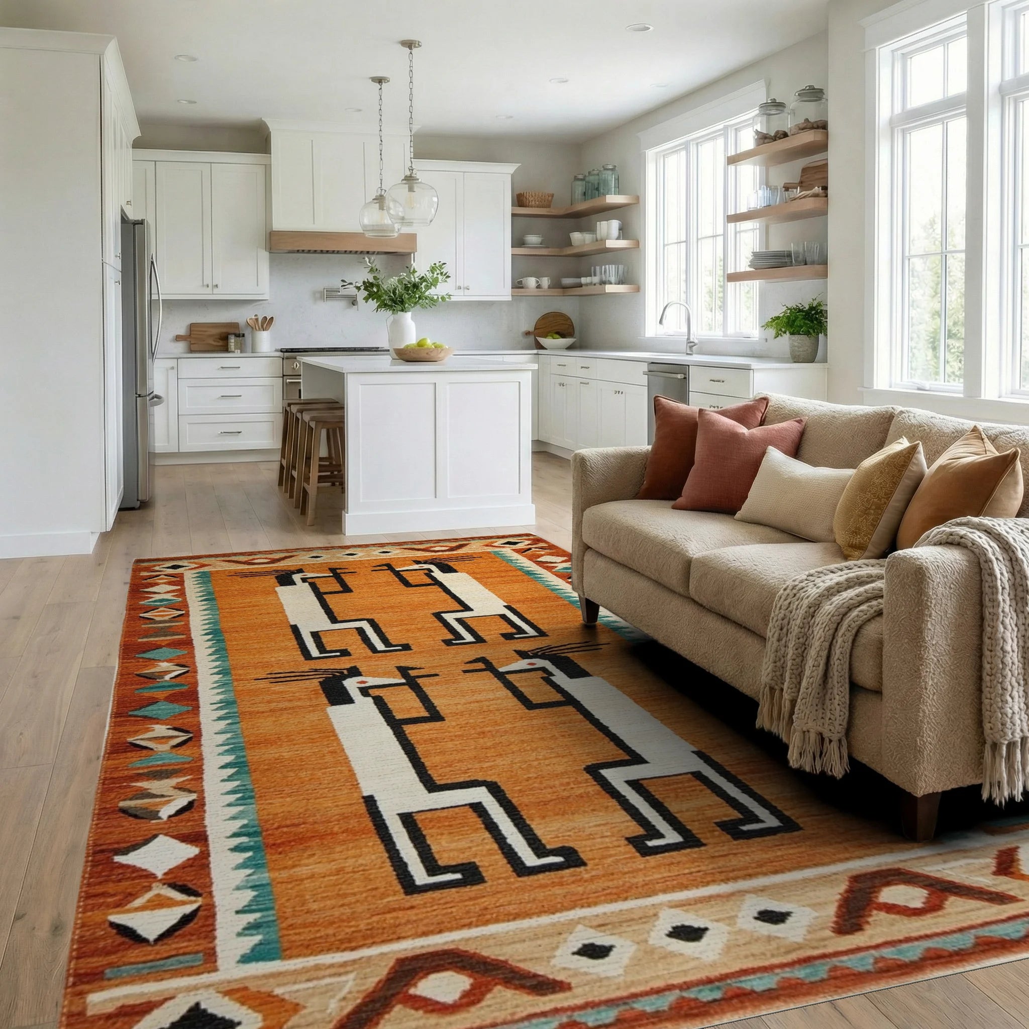 Orange Figures Southwestern Border Rug - Living Room View
