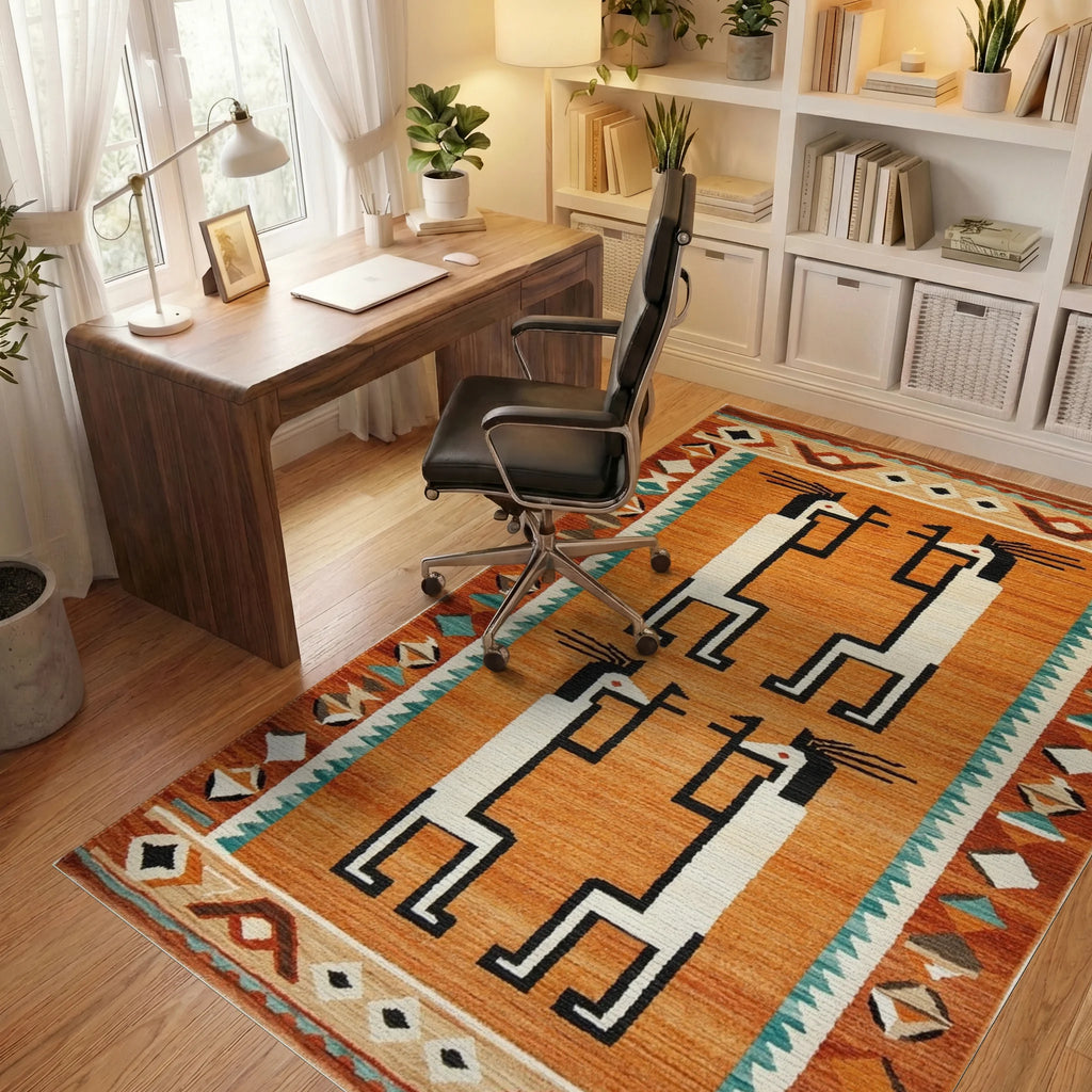 Orange Figures Southwestern Border Rug - Office View