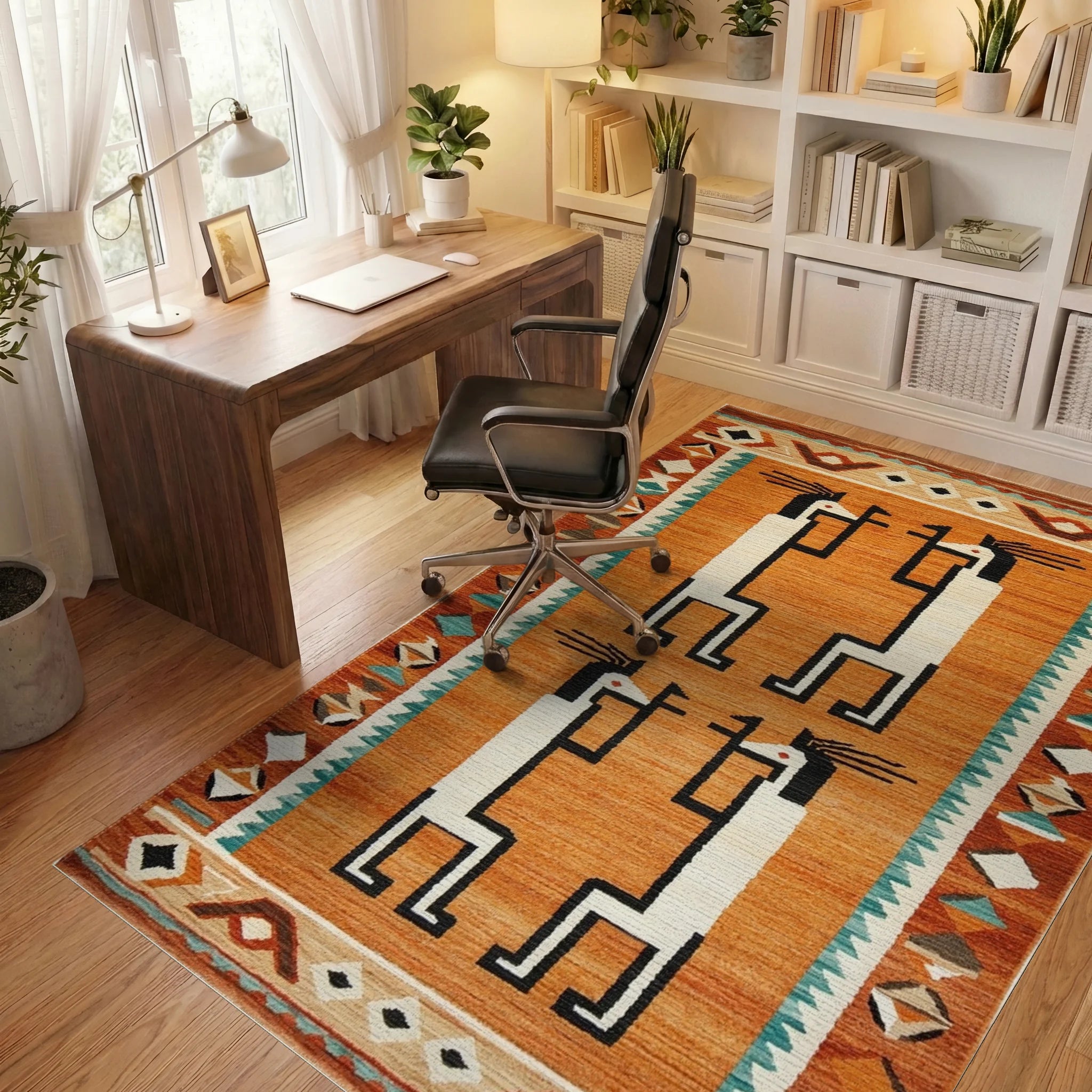 Orange Figures Southwestern Border Rug - Office View