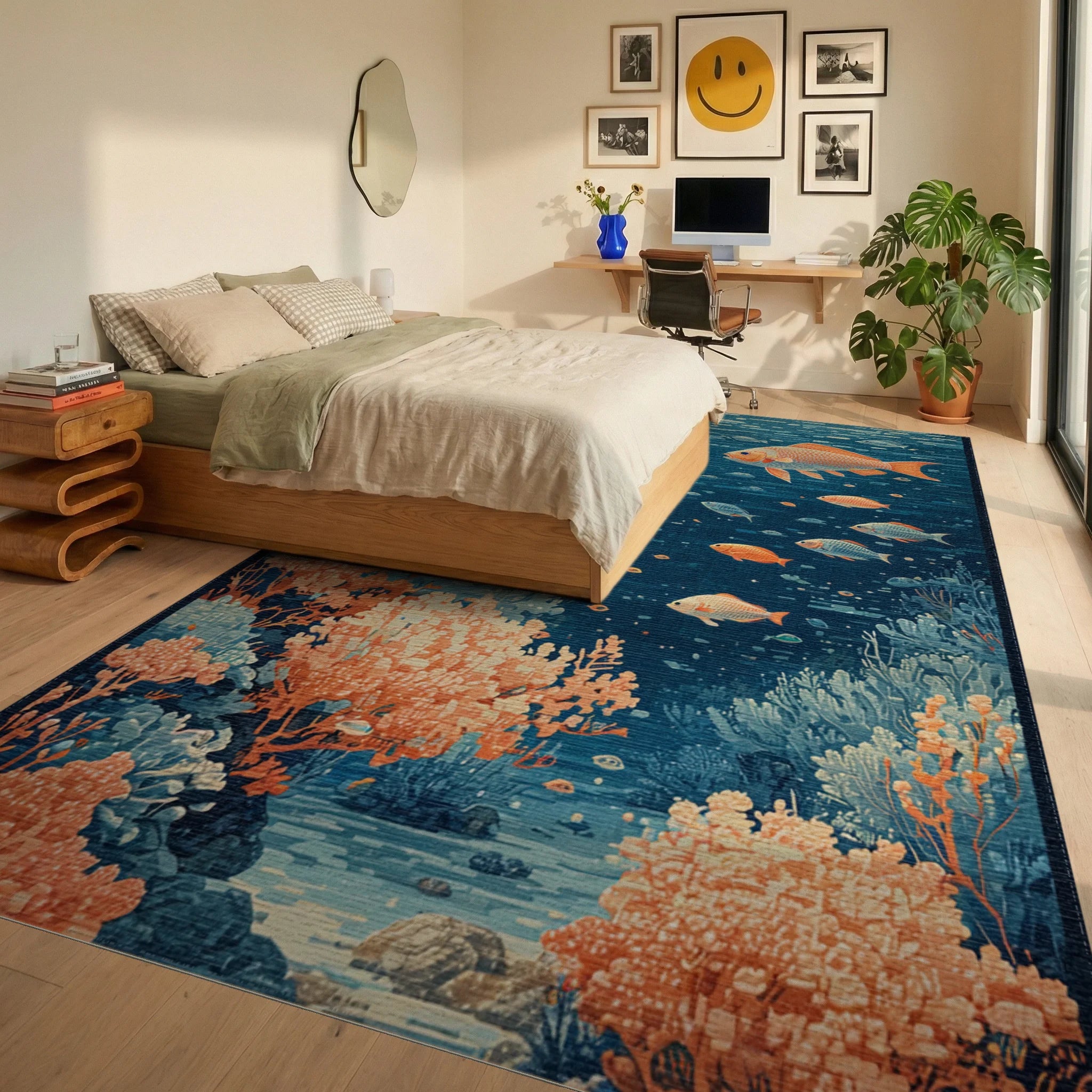 Orange Fish Teal Coral Underwater Rug Bedroom View
