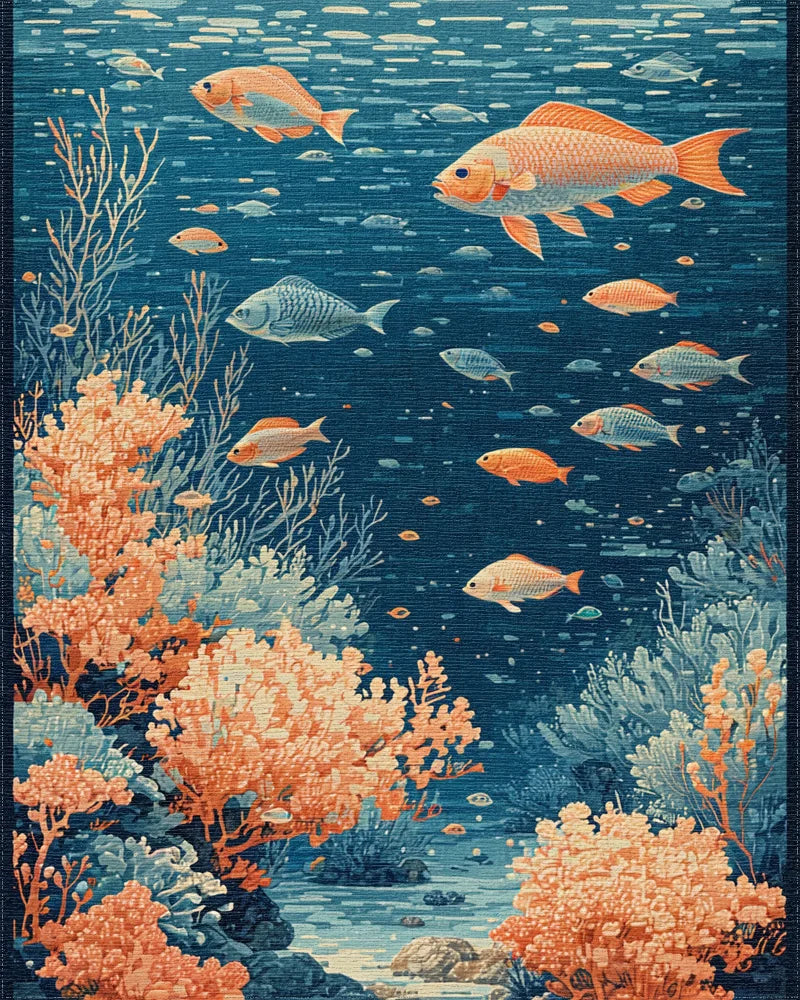 Orange Fish Teal Coral Underwater Rug - Cutout View