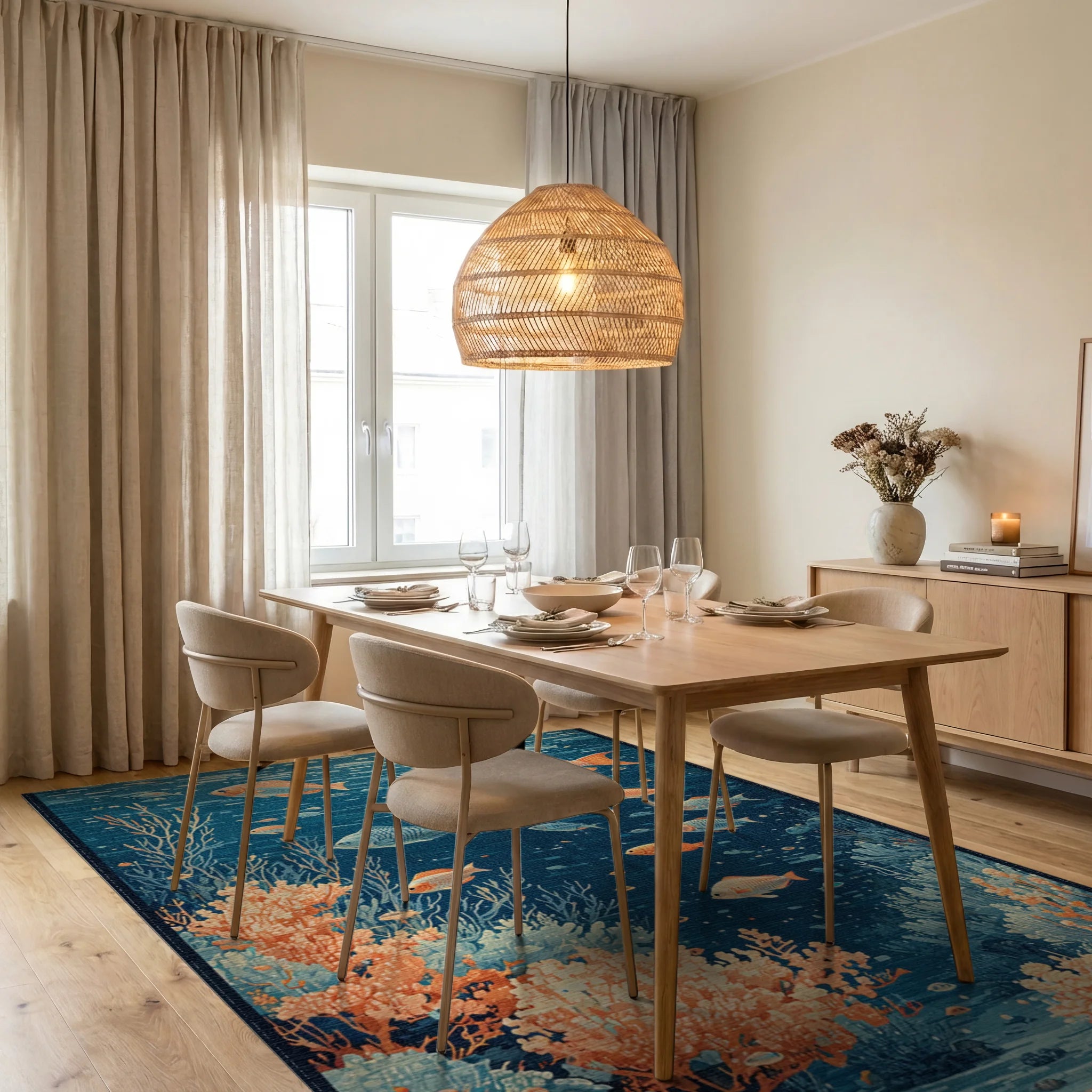 Orange Fish Teal Coral Underwater Rug Dining Room View