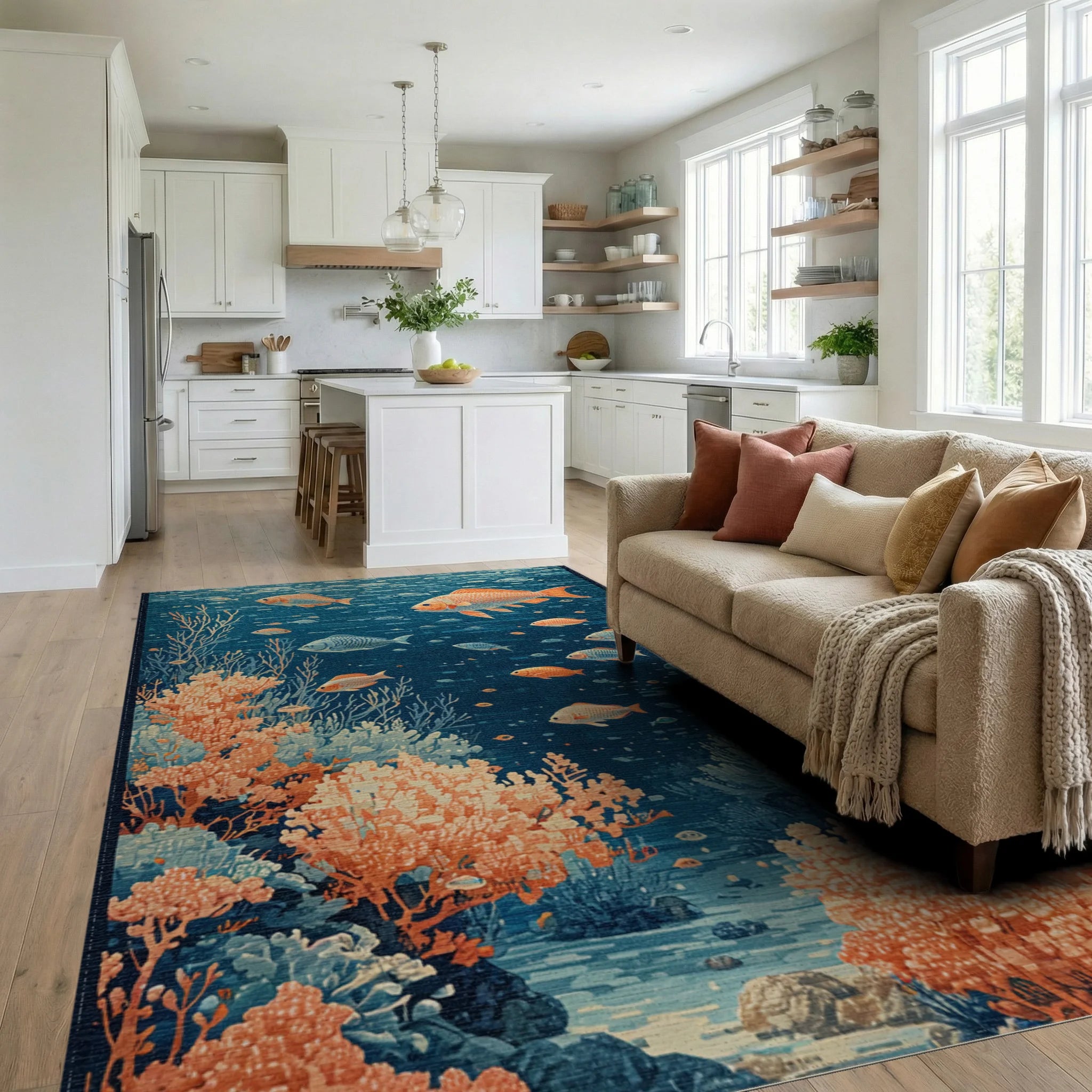 Orange Fish Teal Coral Underwater Rug Living Room View