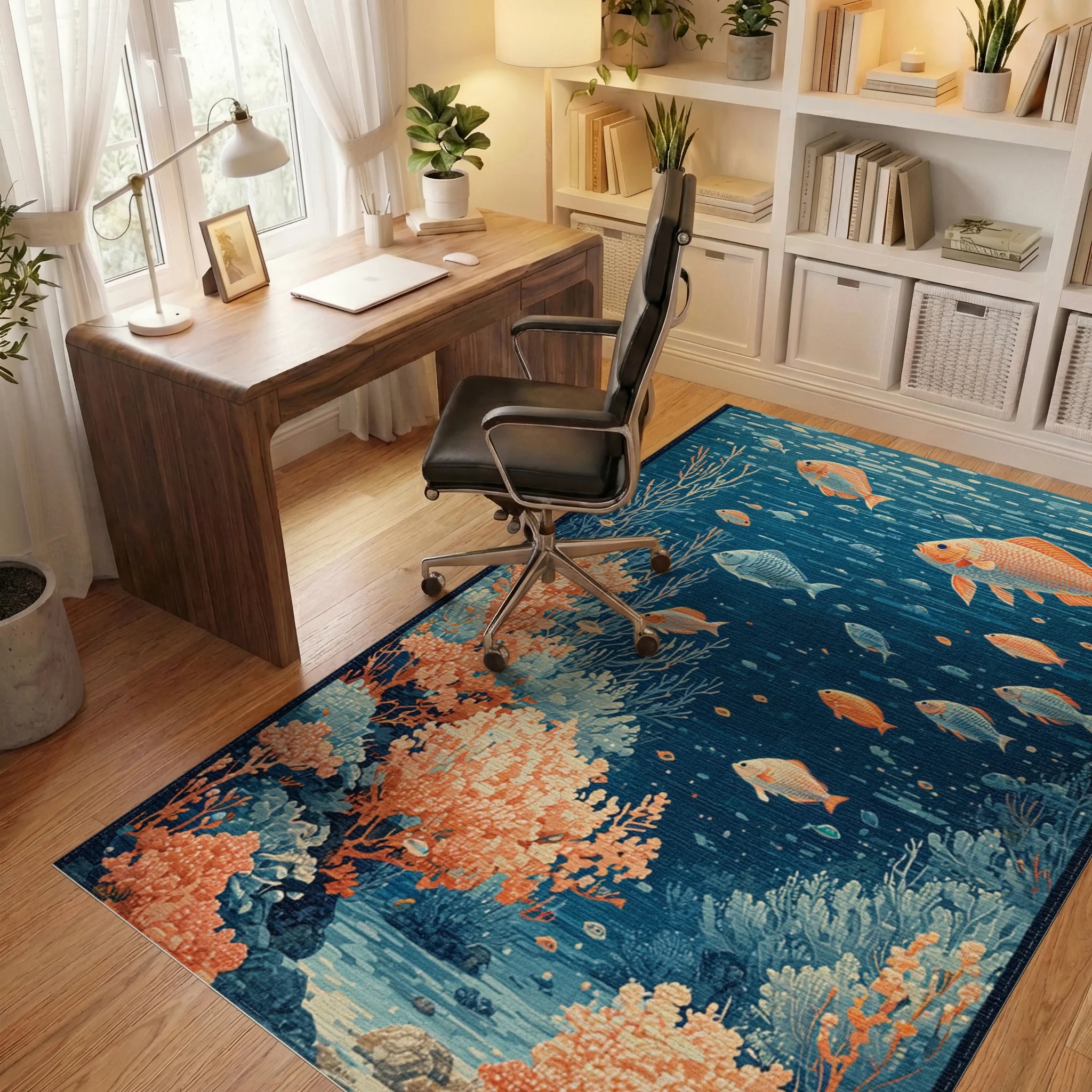 Orange Fish Teal Coral Underwater Rug Office View
