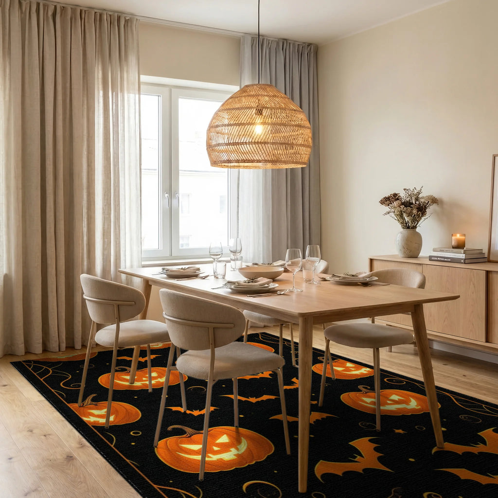 Orange Glowing Jack-o'-Lantern Bats Rug - Dining Room View
