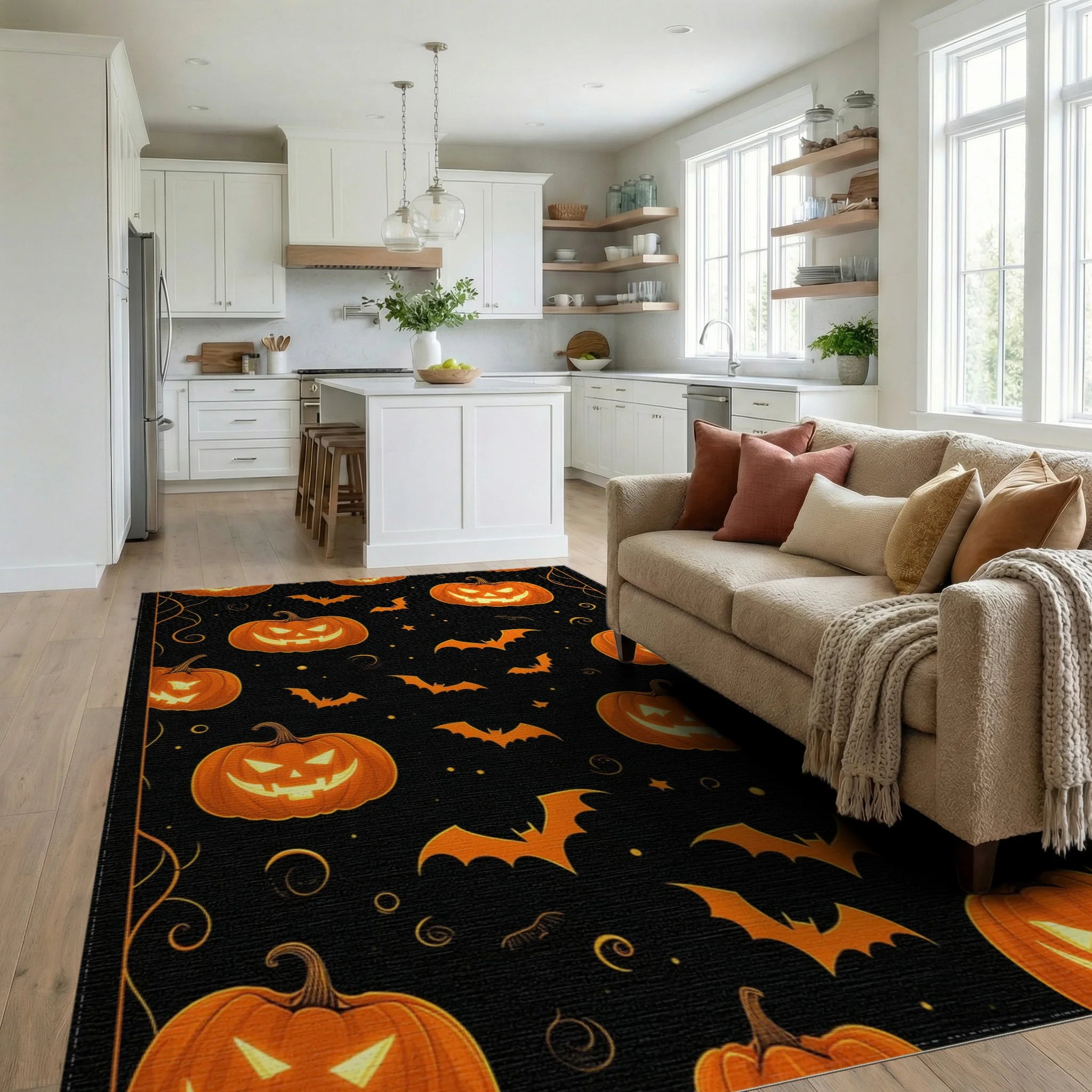 Orange Glowing Jack-o'-Lantern Bats Rug - Living Room View
