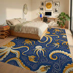 Orange Octopus Swirl Navy Ocean Rug Bedroom View