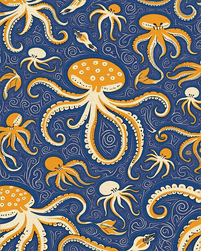 Orange Octopus Swirl Navy Ocean Rug - Cutout View