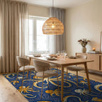 Orange Octopus Swirl Navy Ocean Rug Dining Room View