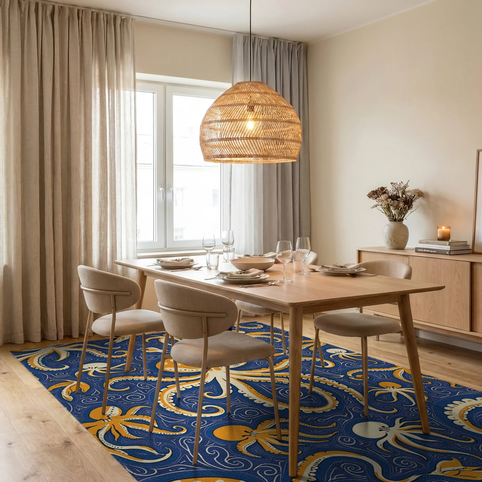 Orange Octopus Swirl Navy Ocean Rug Dining Room View