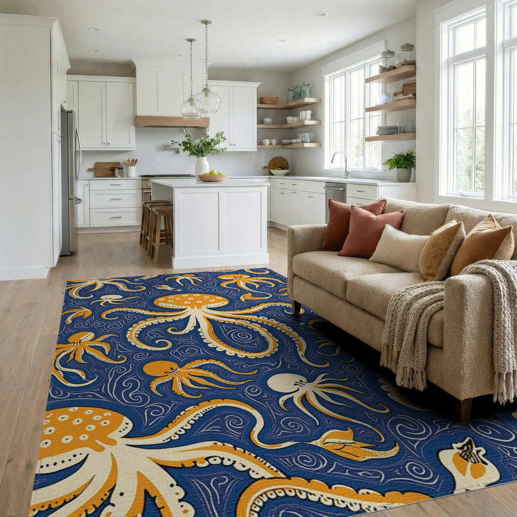 Orange Octopus Swirl Navy Ocean Rug Living Room View