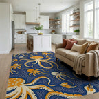 Orange Octopus Swirl Navy Ocean Rug Living Room View