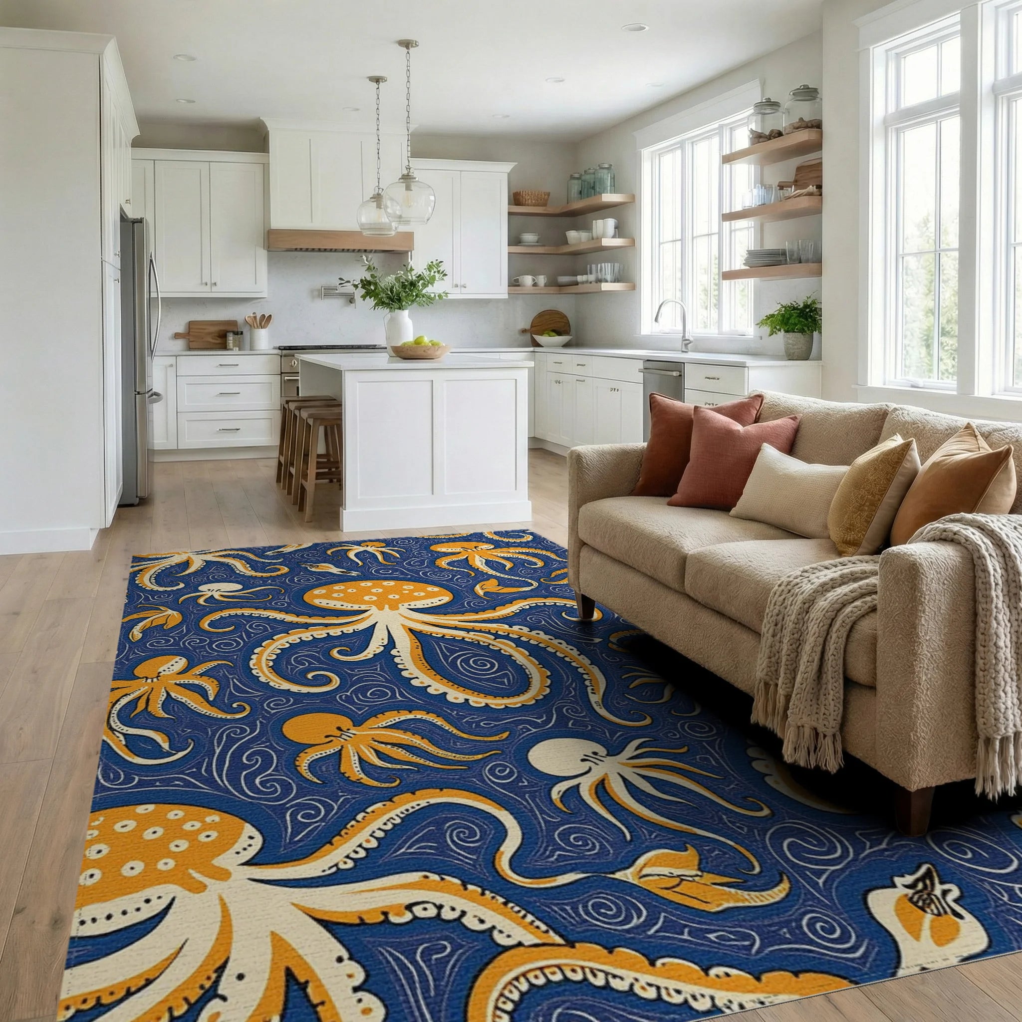 Orange Octopus Swirl Navy Ocean Rug Living Room View