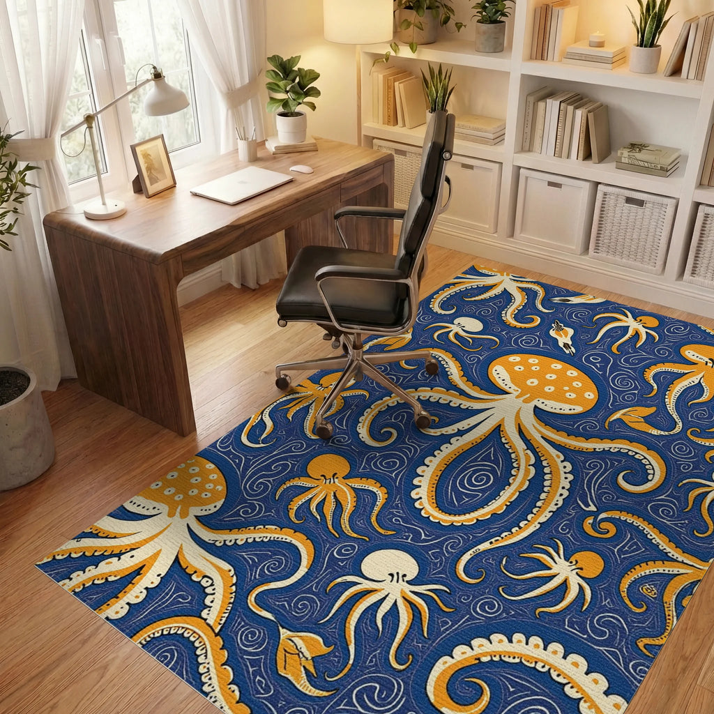 Orange Octopus Swirl Navy Ocean Rug Office View