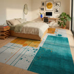 Orange Teal Abstract Geometric Splatter Rug - Bedroom View