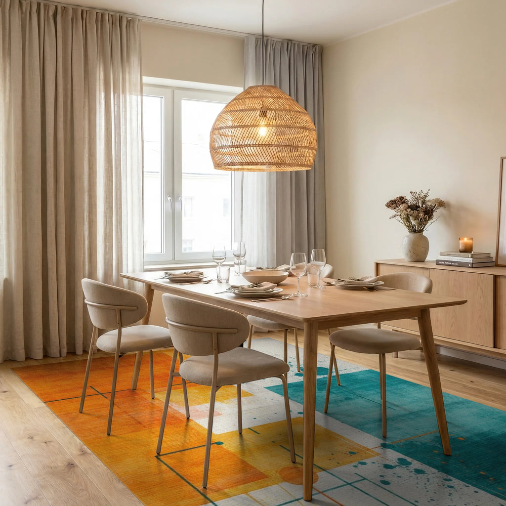 Orange Teal Abstract Geometric Splatter Rug - Dining Room View