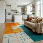 Orange Teal Abstract Geometric Splatter Rug - Living Room View