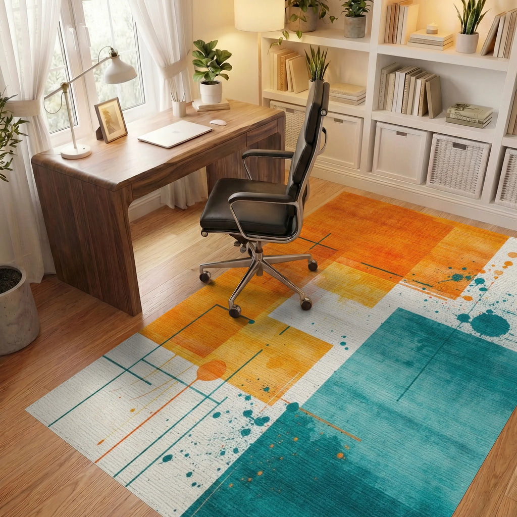 Orange Teal Abstract Geometric Splatter Rug - Office View