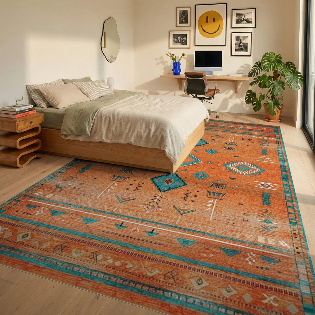 Orange Teal Diamond Tribal Rug - Bedroom View