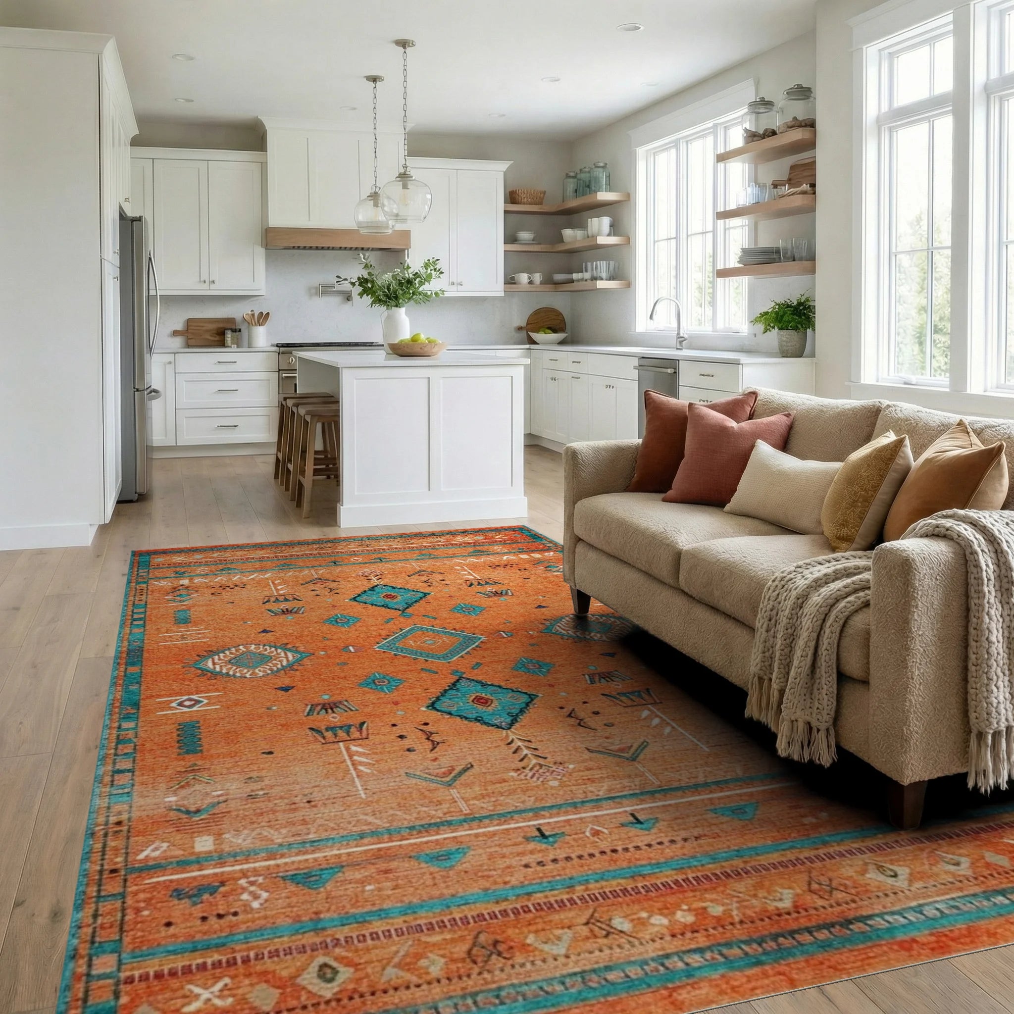 Orange Teal Diamond Tribal Rug - Living Room View