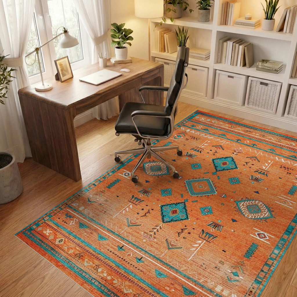 Orange Teal Diamond Tribal Rug - Office View