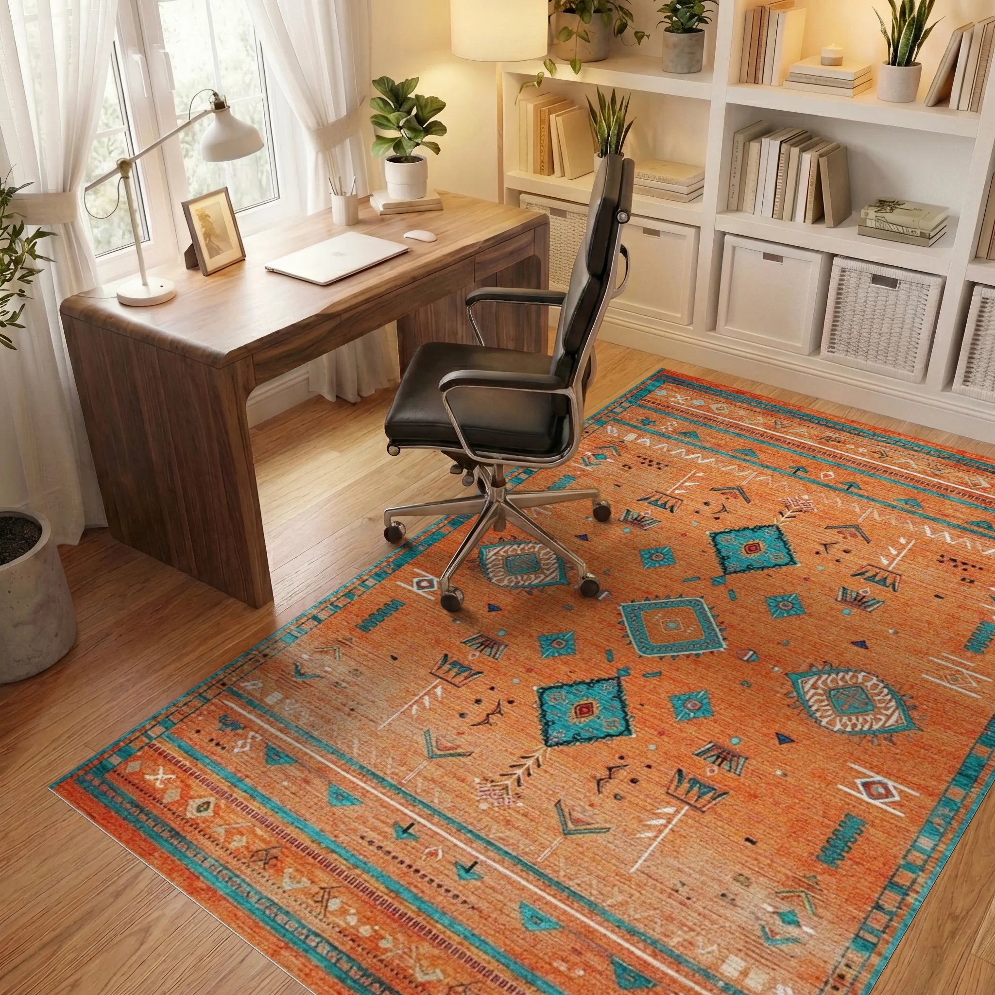 Orange Teal Diamond Tribal Rug - Office View