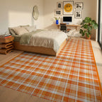 Orange White Plaid Classic Pattern Rug - Bedroom View