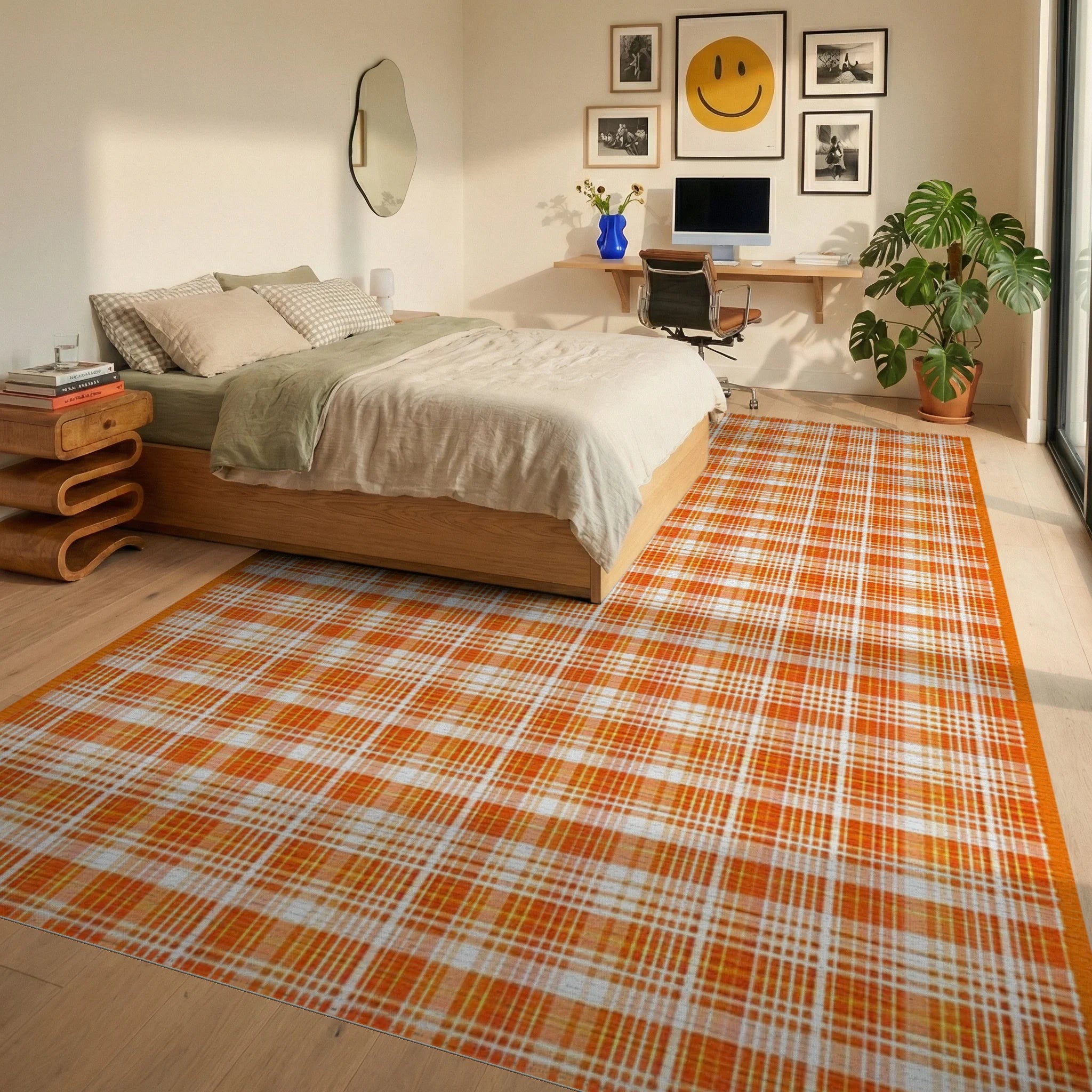 Orange White Plaid Classic Pattern Rug - Bedroom View