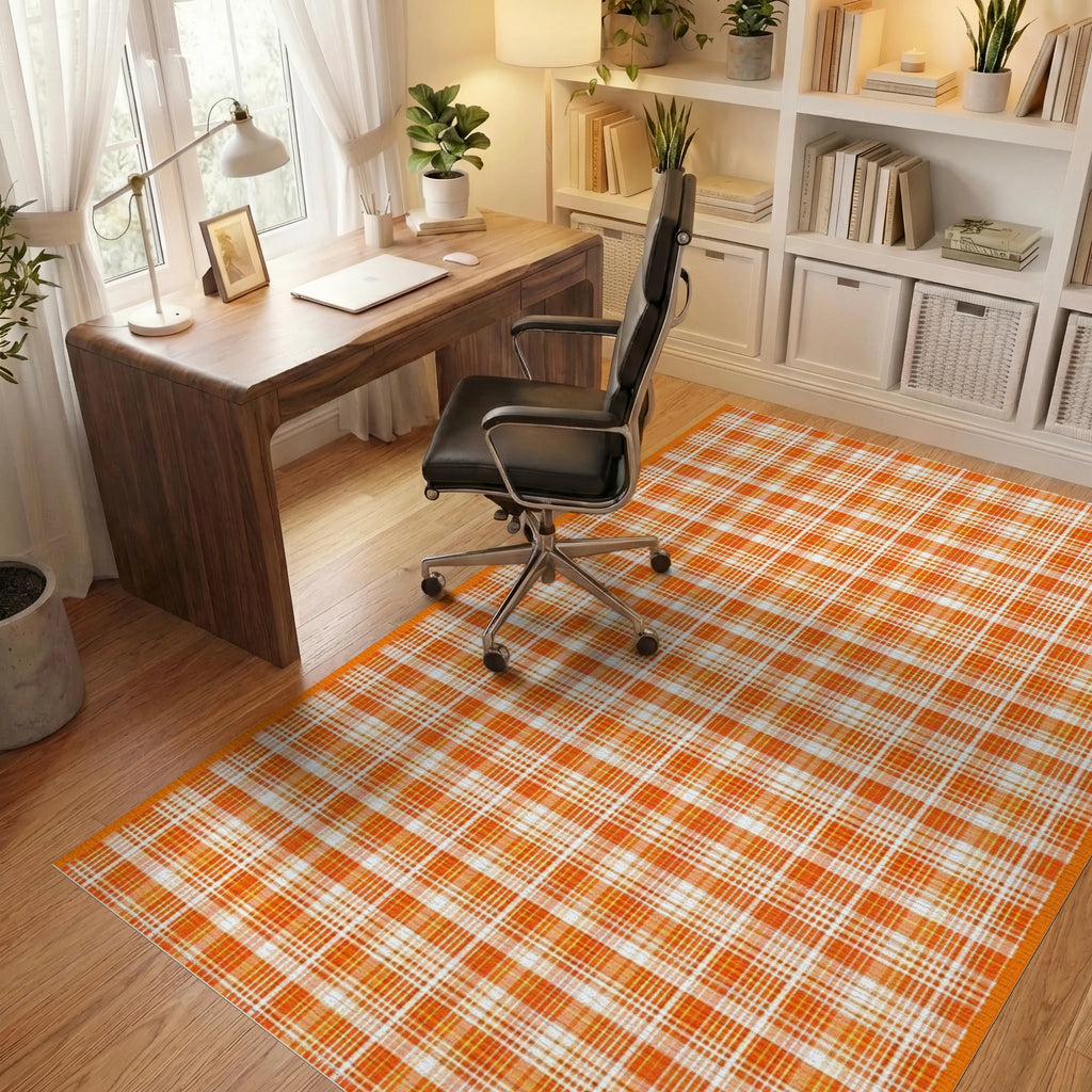 Orange White Plaid Classic Pattern Rug - Office View