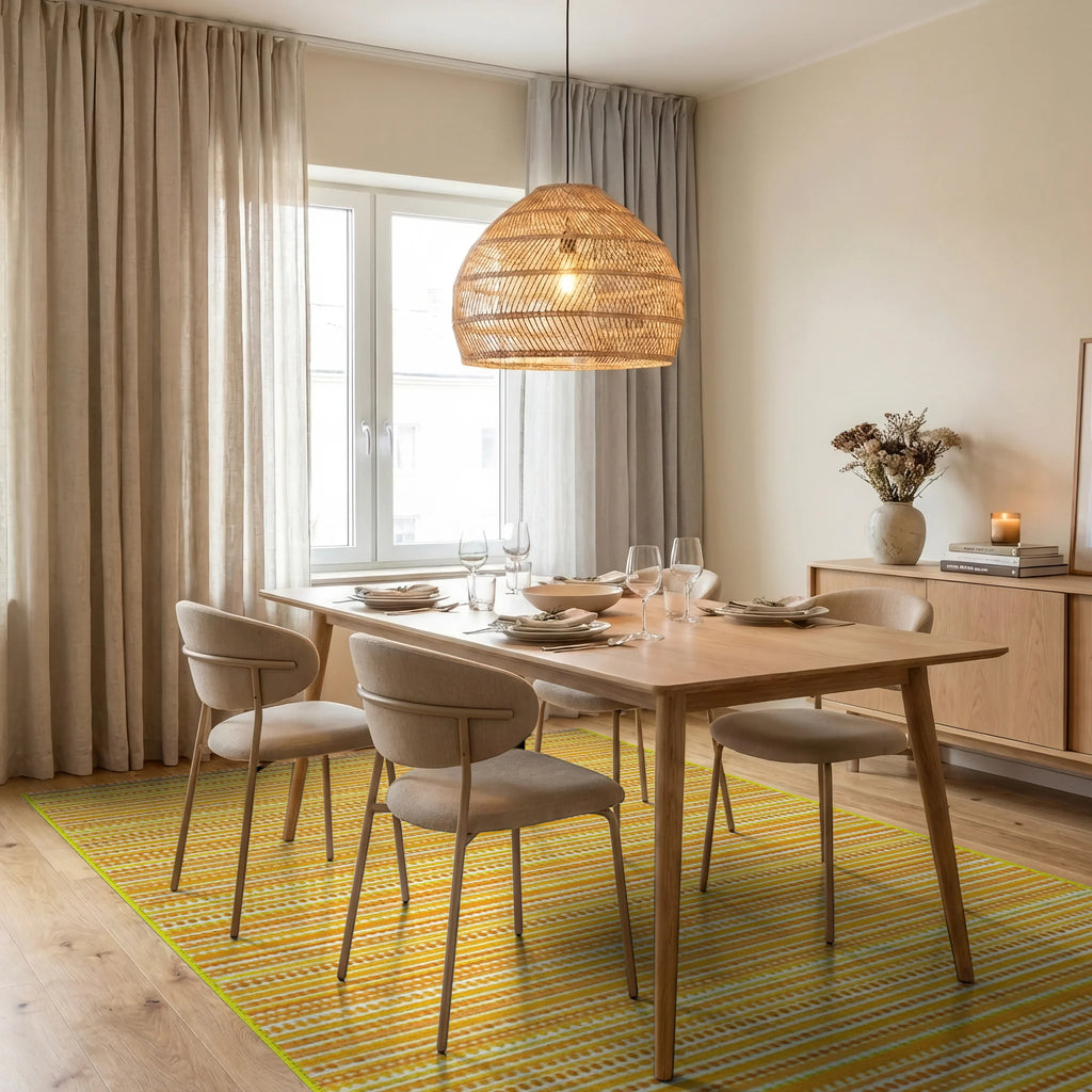 Orange Yellow Striped Dot Rug - Dining Room View