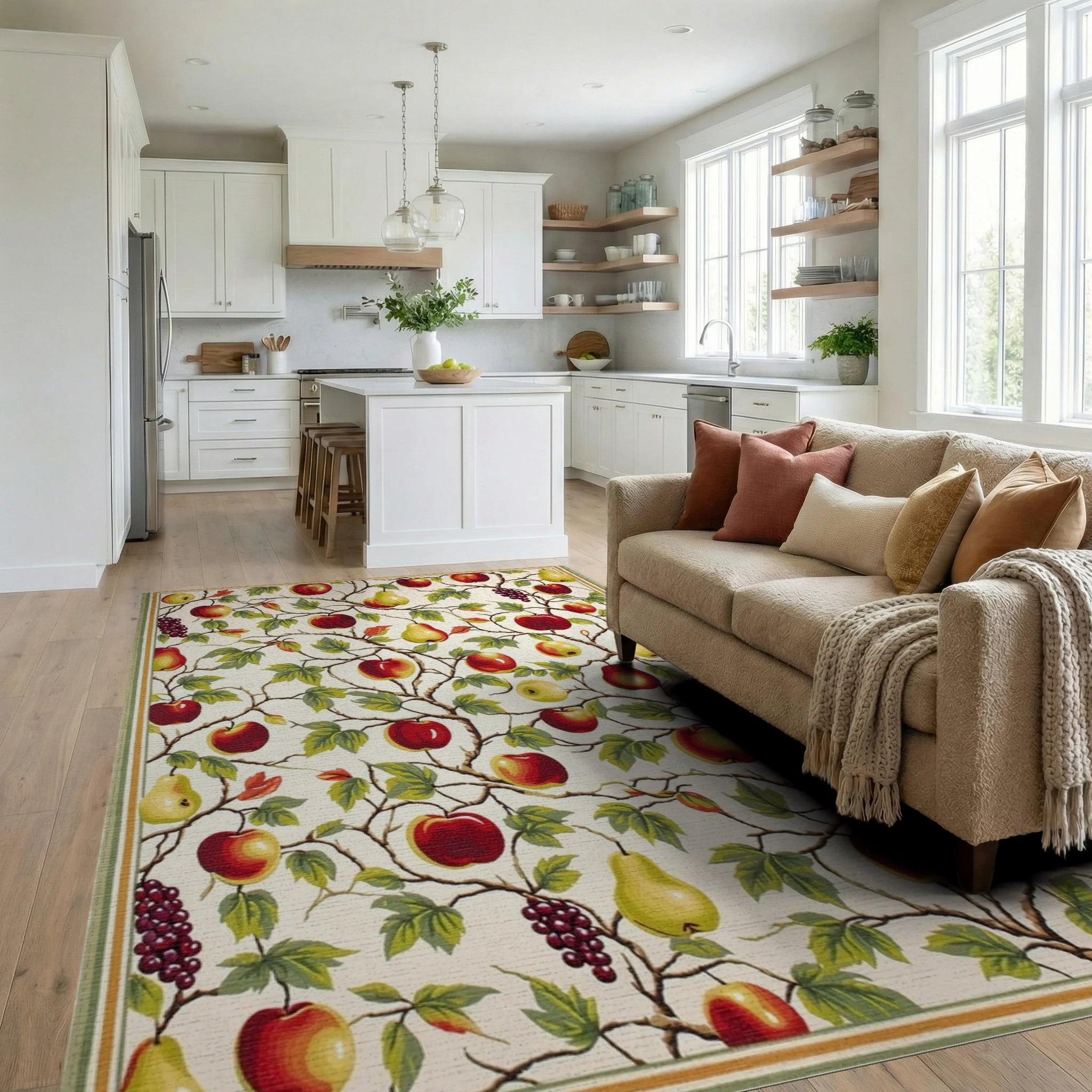 Orchard Apples Pears Grapes Pattern Rug Living Room View