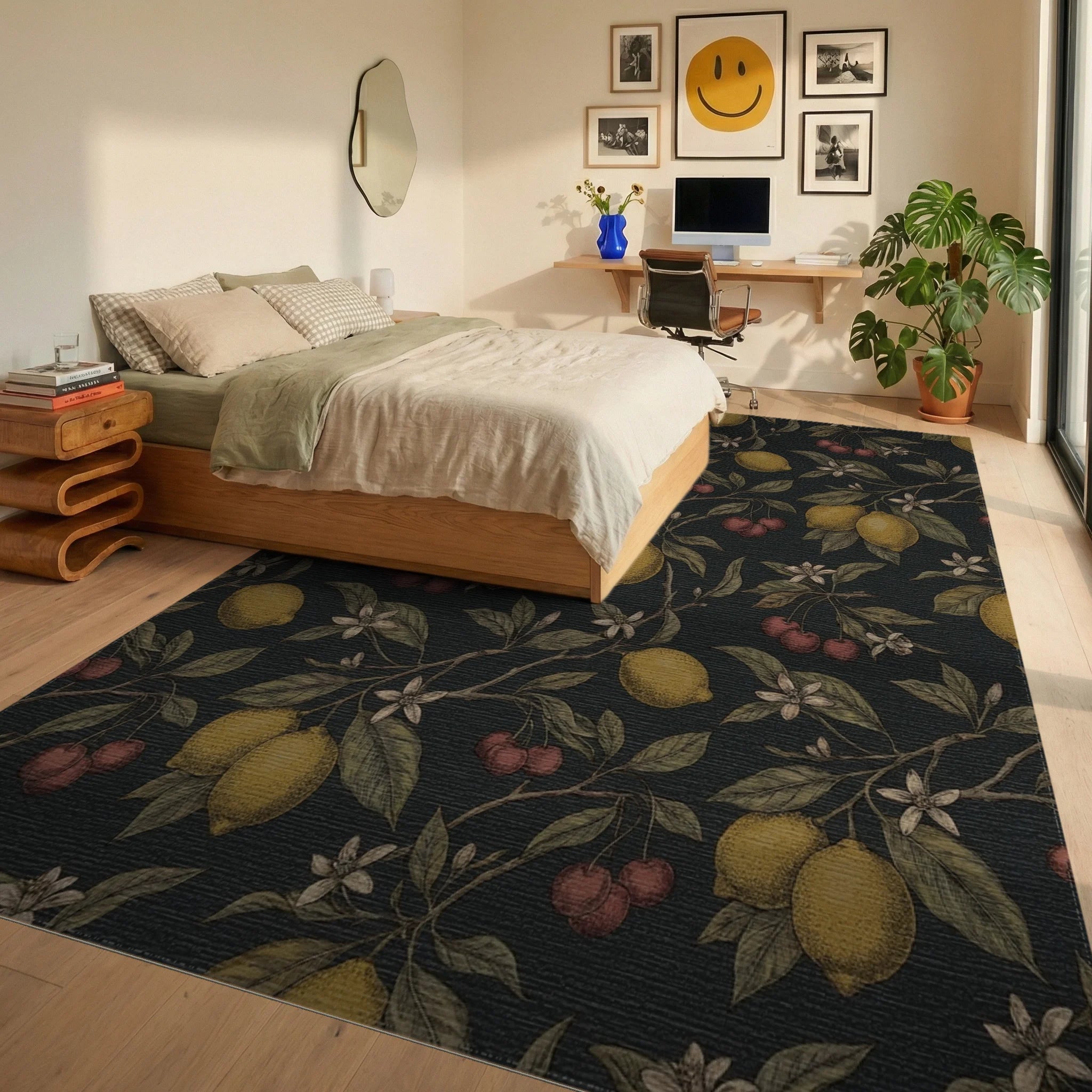 Orchard Lemons Cherries Botanical Dark Rug Bedroom View