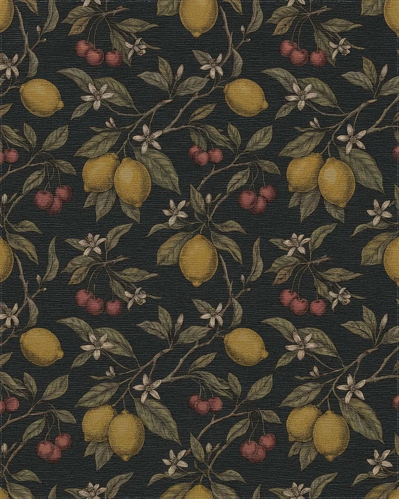 Orchard Lemons Cherries Botanical Dark Rug - Cutout View