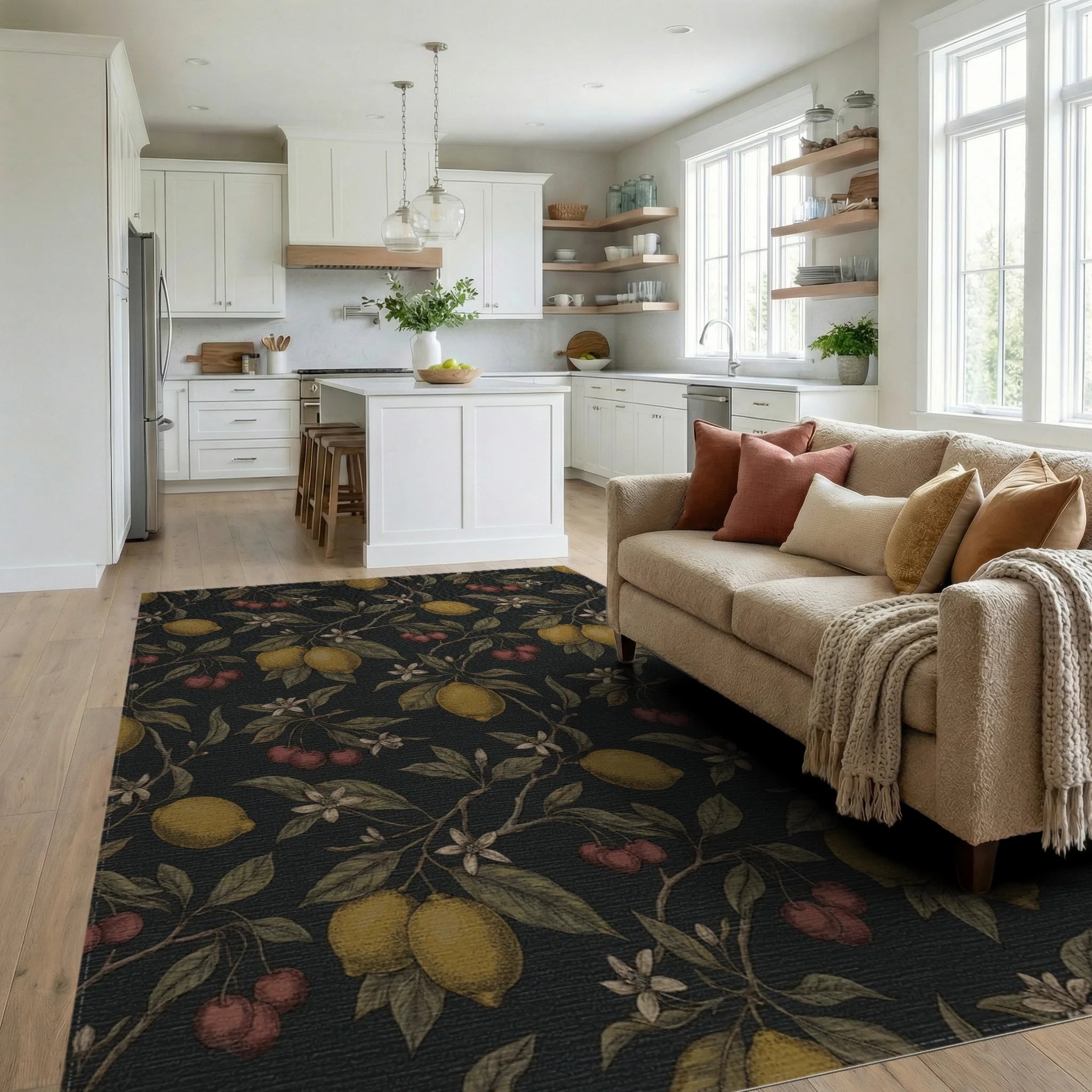 Orchard Lemons Cherries Botanical Dark Rug Living Room View